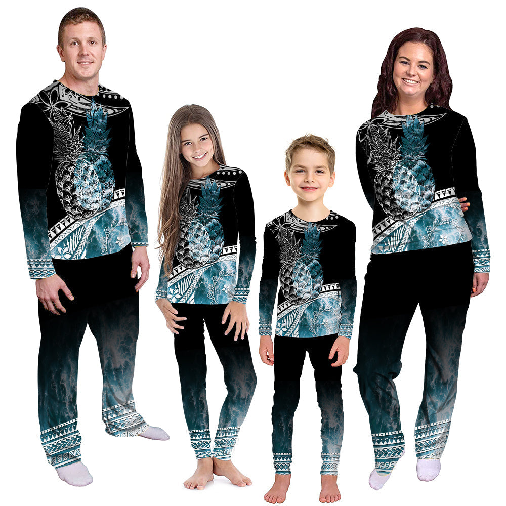 Long-sleeve pajama set with black base and blue ocean wave print, matching pants