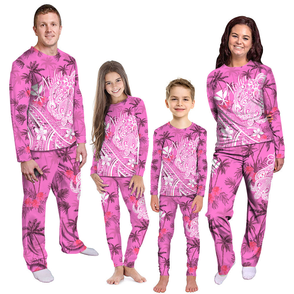 Pink aloha pajama set with palm tree print, long-sleeve top and matching pants