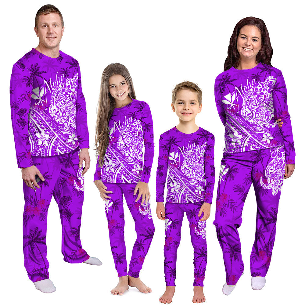 Purple aloha pajama set with palm tree and floral print, long-sleeve top and pants