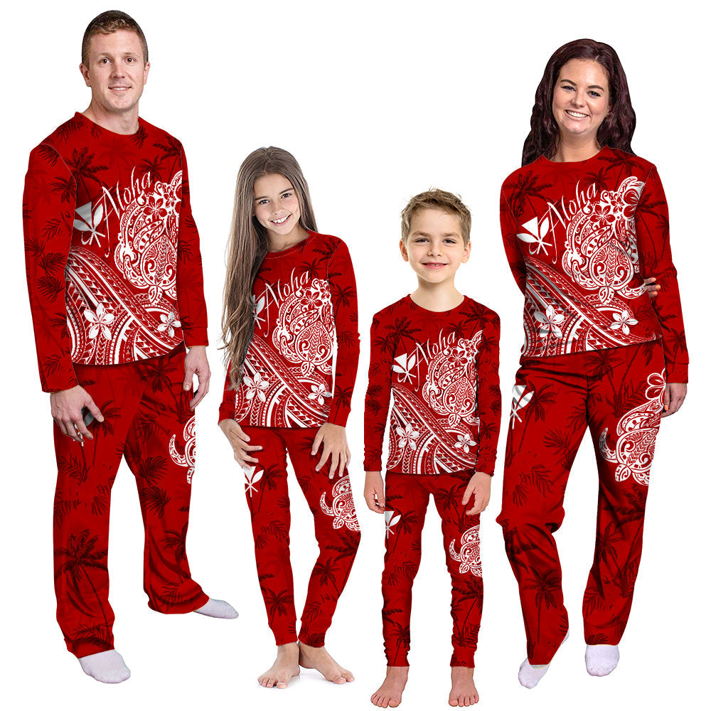 Red aloha pajama set with palm tree print, long-sleeve top and matching pants