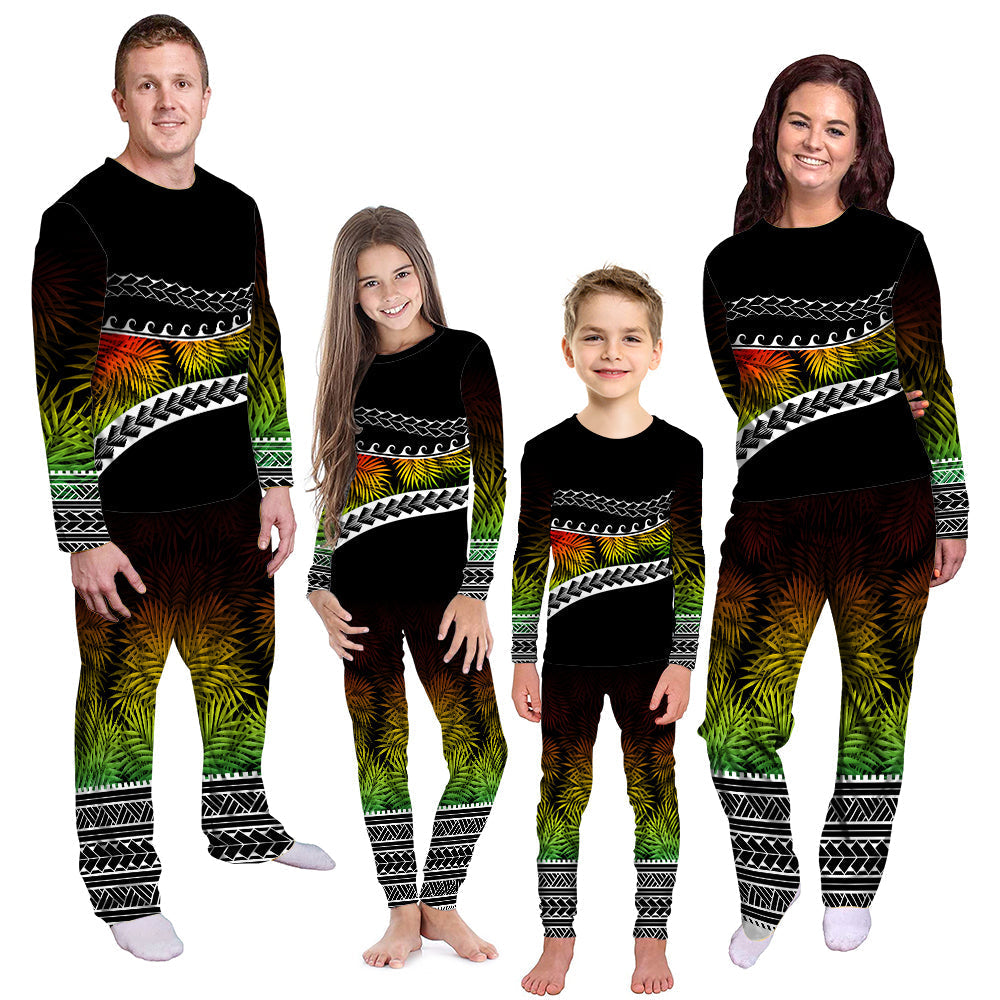 Black long-sleeve pajama set with green palm and tribal stripe print, matching pants