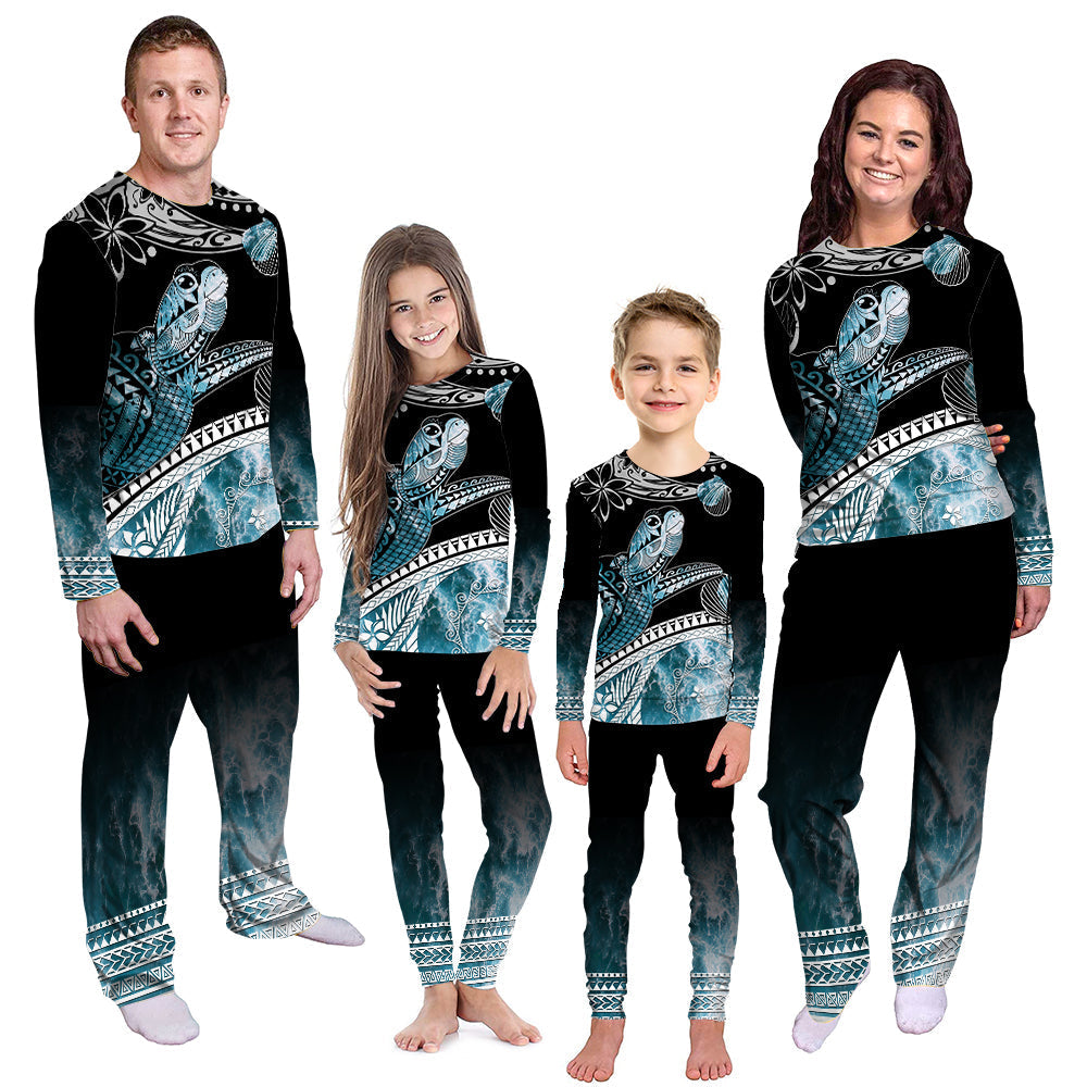 Ocean waves turtle pajama set: long-sleeve top and pants, black with teal print