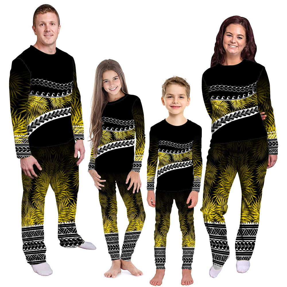 Yellow palm-pattern pajama set, black long-sleeve top and matching pants, all-over print