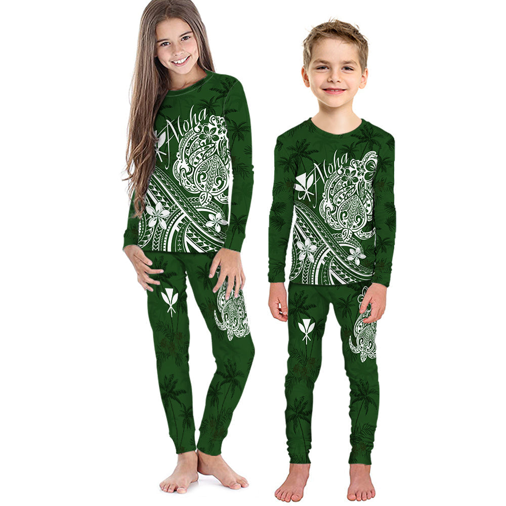 Kids green long-sleeve pajama set with white Aloha turtle and palm tree print