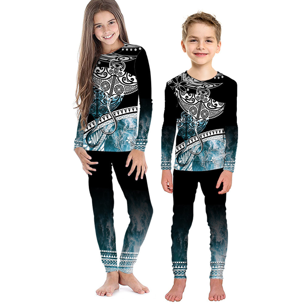 Kids black pajama set, long-sleeve top and ocean wave print pants