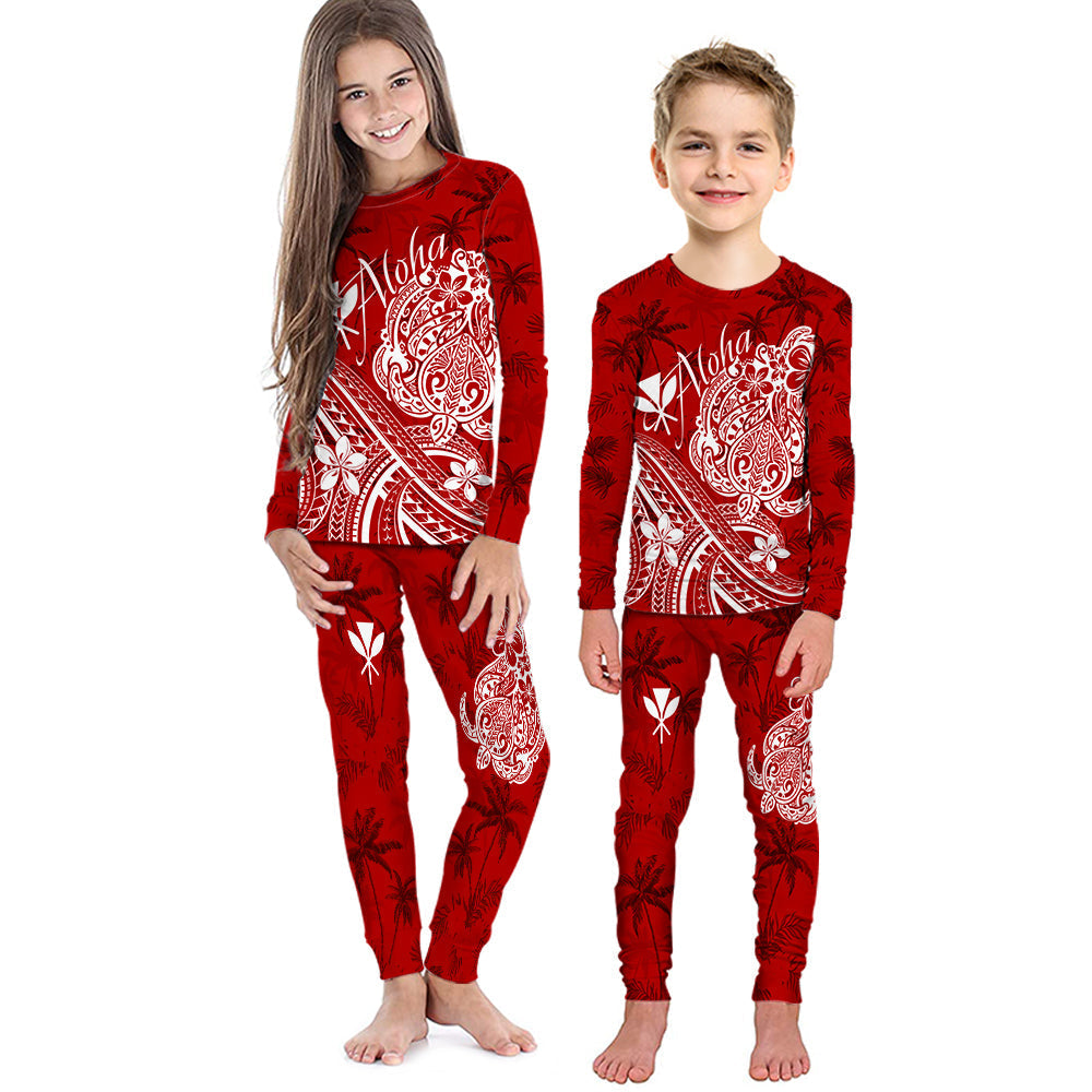 Kids red long-sleeve pajama set with Aloha crest and palm tree print