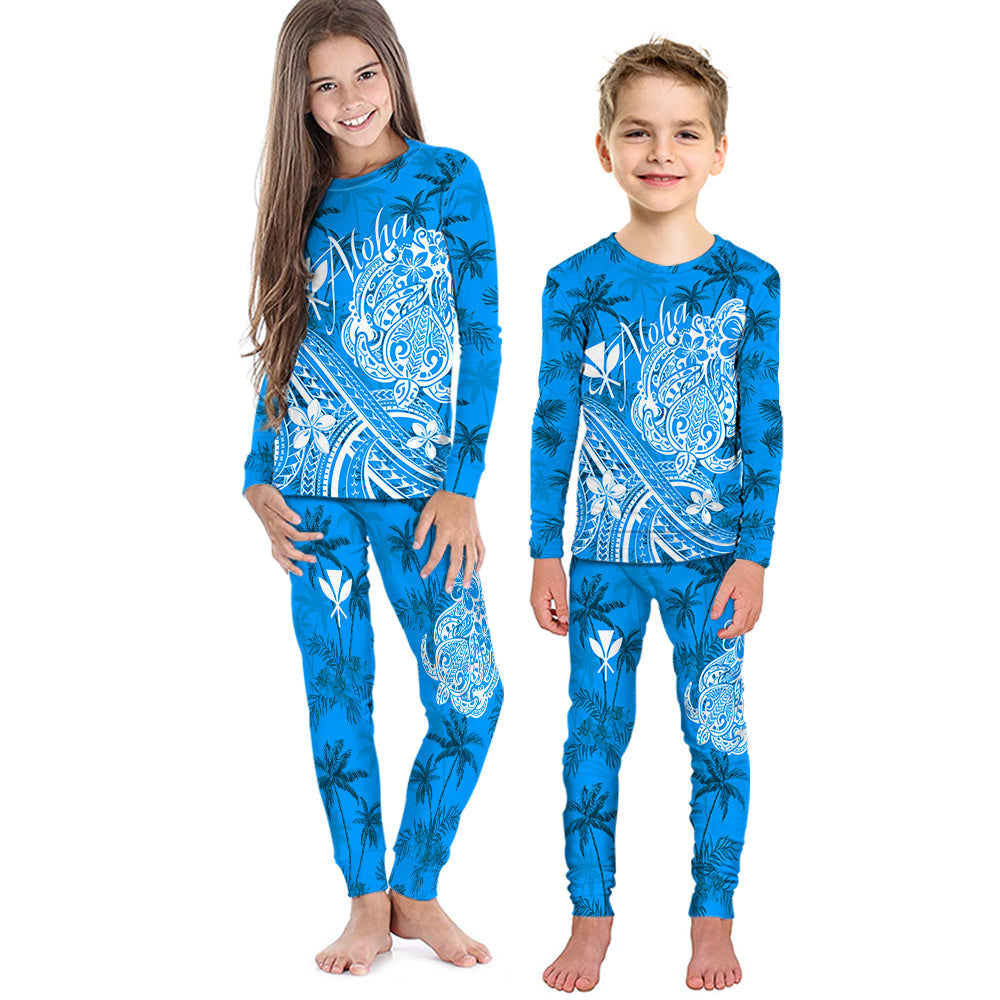 Kids blue long-sleeve pajama set with palm tree and Aloha graphic print