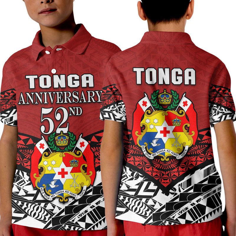 Two kids wearing red Tonga polo shirts: front text logo and back crest design