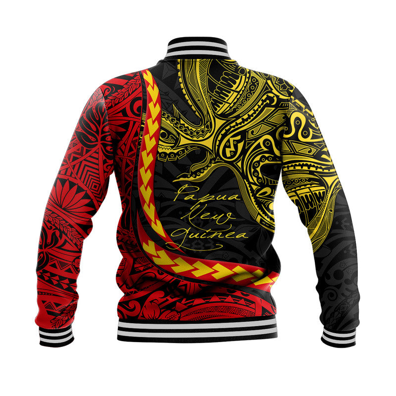 Back of black varsity jacket with red/yellow bird-and-tribal print and striped rib hem