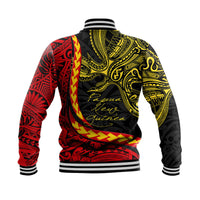 Back of black varsity jacket with red/yellow bird-and-tribal print and striped rib hem