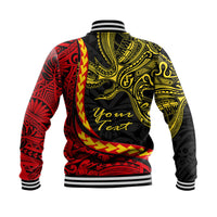 Unisex baseball jacket back with black, red, and yellow tribal bird pattern; striped hem
