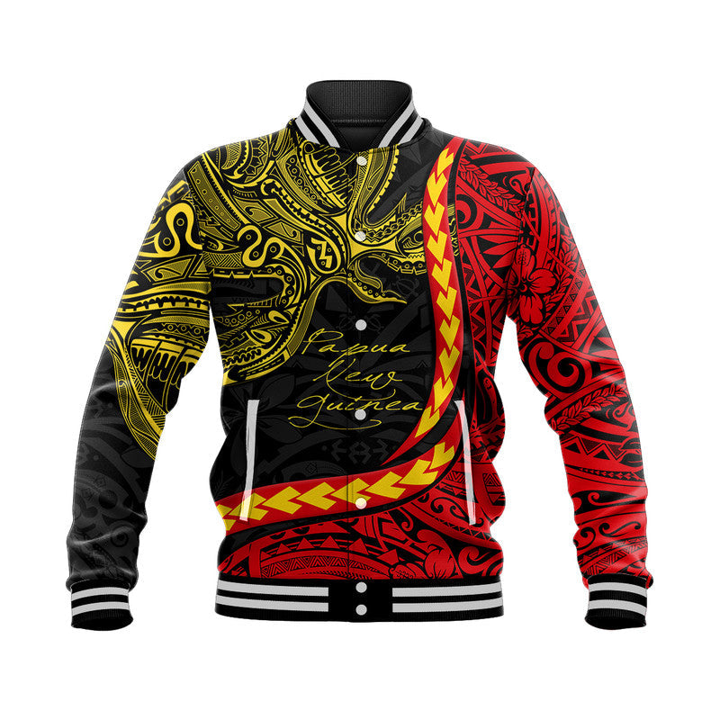 Black baseball jacket with red and yellow bird-and-tribal graphic, striped rib cuffs