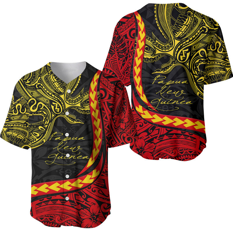 Black baseball jersey with red, yellow, and green tribal bird pattern and button front
