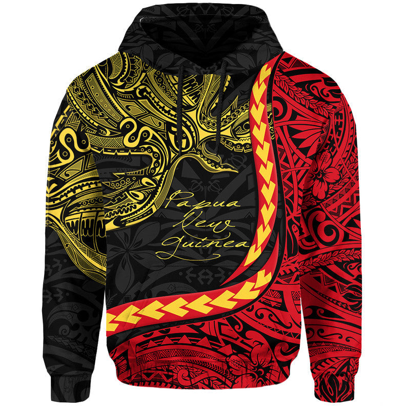 Black pullover hoodie with red and yellow bird-inspired print, hood and front pocket