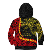 Kids black hoodie back view with red and yellow tribal bird graphic, hood