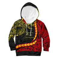 Kids black pullover hoodie with red and yellow tribal bird graphic, hood