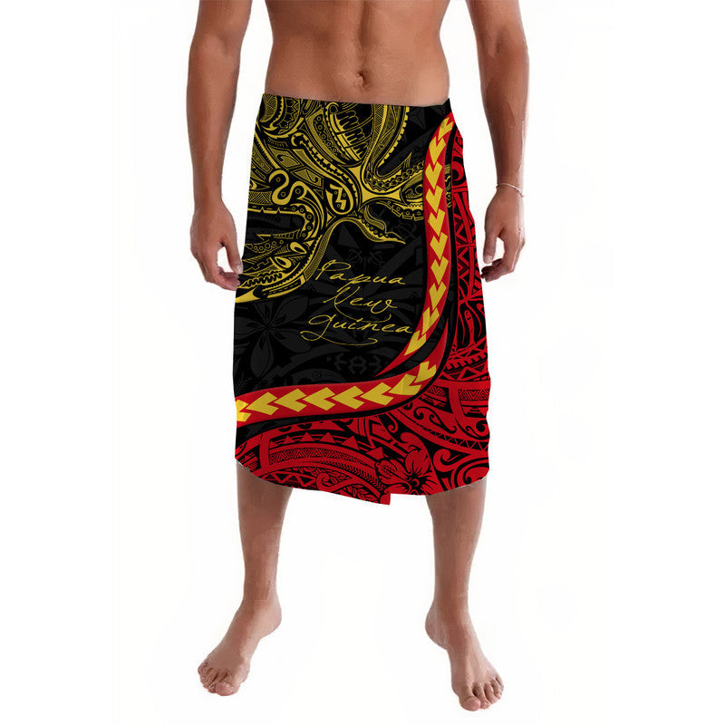 Black lavalava skirt with red, yellow and green bird and tribal graphic print