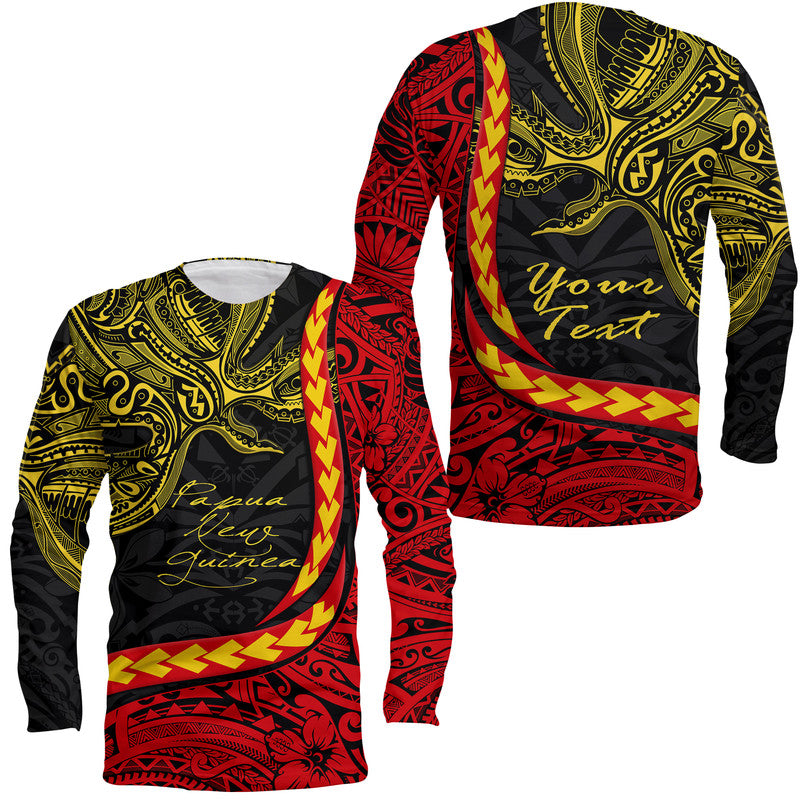 Long sleeve shirt, black with red/yellow bird graphic and 'Your Text'.