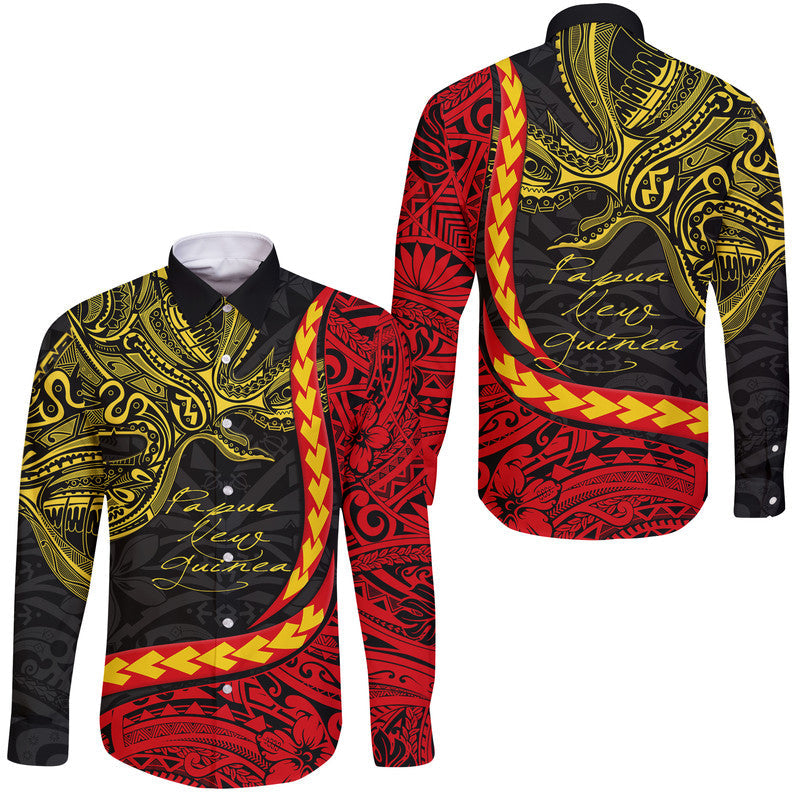 Long-sleeve button shirt with black, red, and yellow bird print front