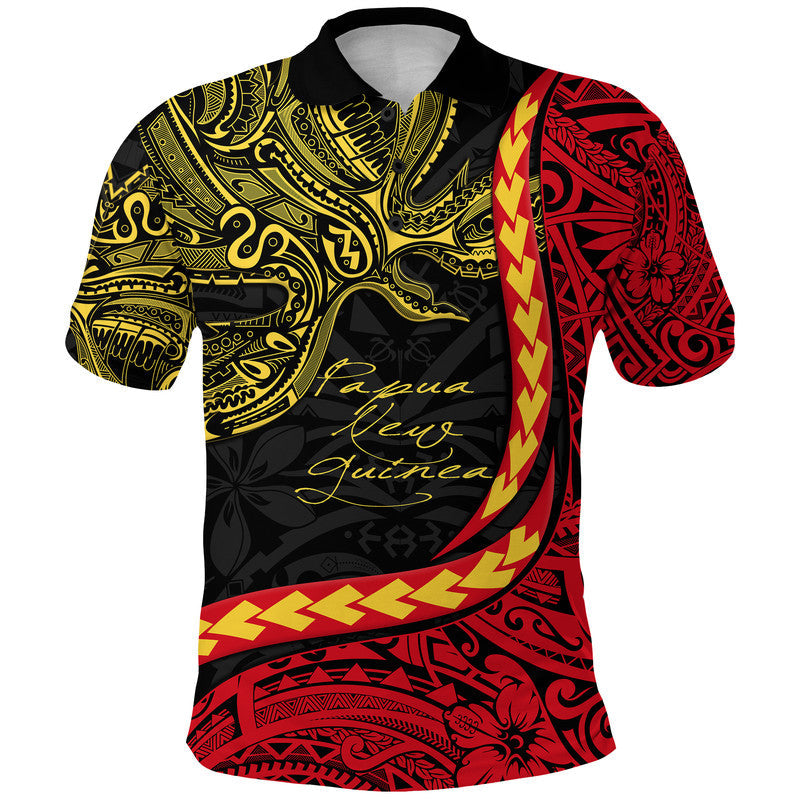 Polo shirt with black base, red and gold tribal bird graphic, short sleeves