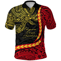 Polo shirt with black base, red and gold tribal bird graphic, short sleeves
