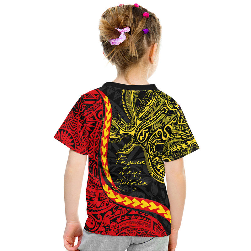 Graphic T-shirt with back print, black base with red and yellow decorative pattern