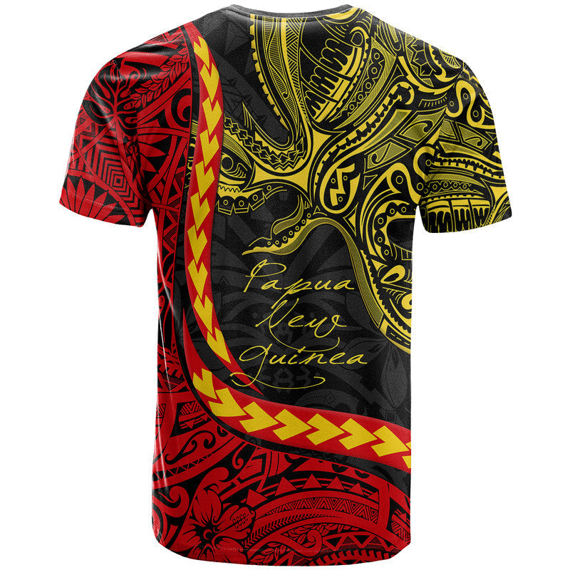 Graphic T-shirt with back print, black with red/yellow tribal-style pattern