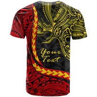 Black T-shirt with red and yellow tribal wave stripe and central script text