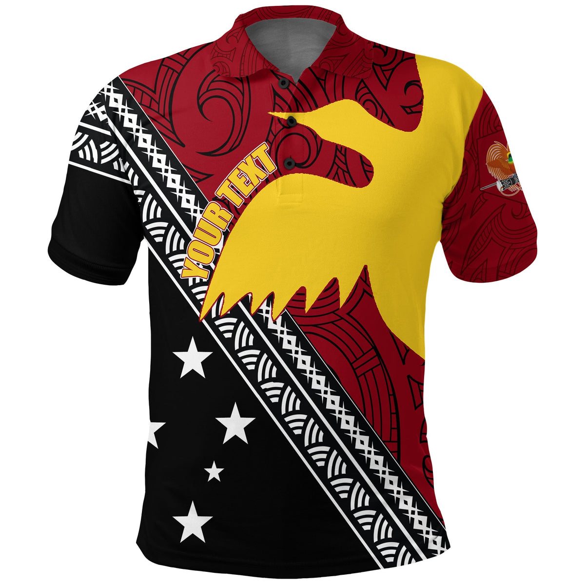 Red polo shirt with bird-of-paradise graphic and Polynesian pattern, front view