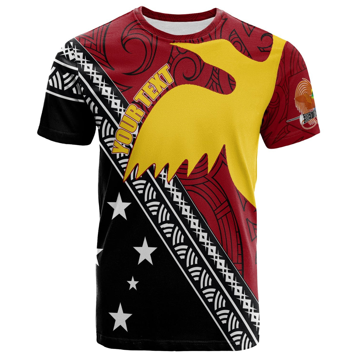 Bird of paradise T-shirt in red, black, yellow with Polynesian pattern and PNG text