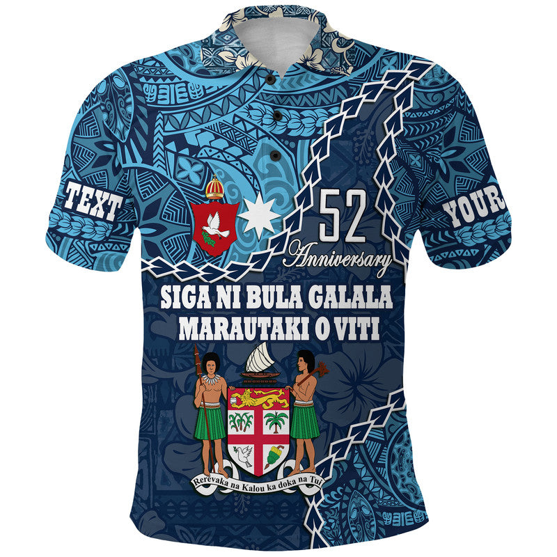 Blue Fiji 52nd Anniversary polo: front crest and Fijian text