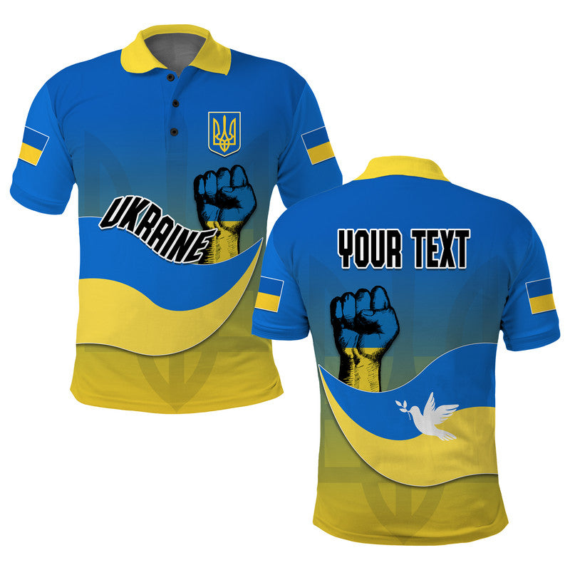 Blue polo with yellow collar, Ukraine logo 'UKRAINE' and black fist graphic