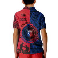 Polo shirt back in blue and red with central emblem and Polynesian pattern