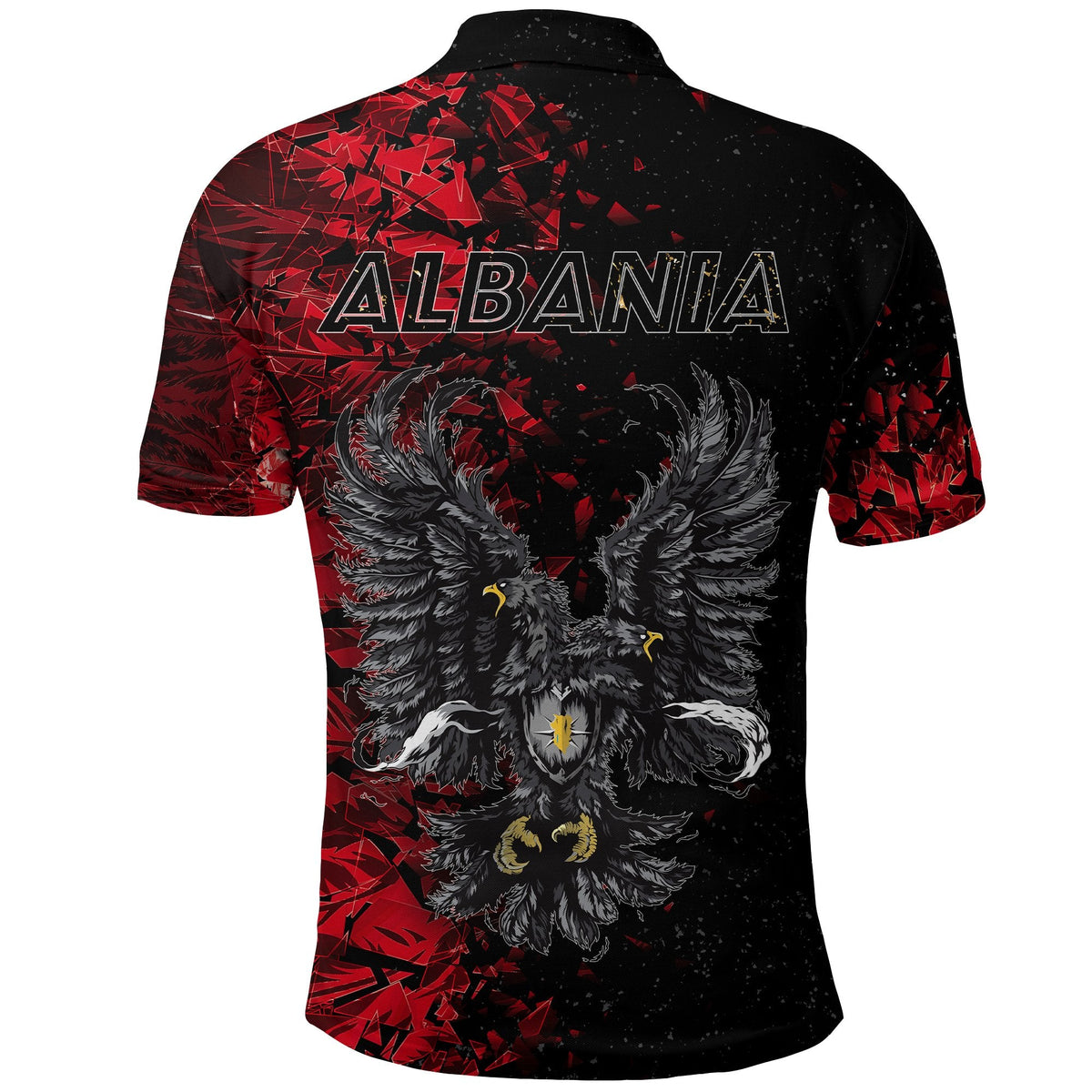 Albania eagle polo shirt, black/red back print with ALBANIA lettering and eagle