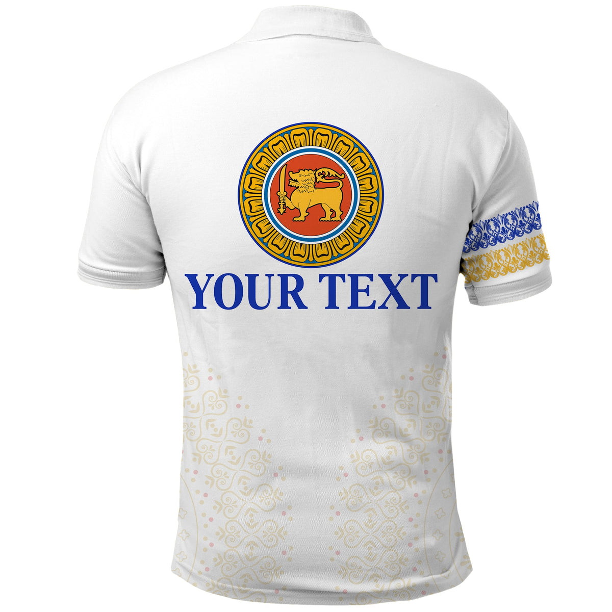 Custom Polohemd weiß: Rückseite mit Elefantemblem, „YOUR TEXT“ und Musterband am Ärmel