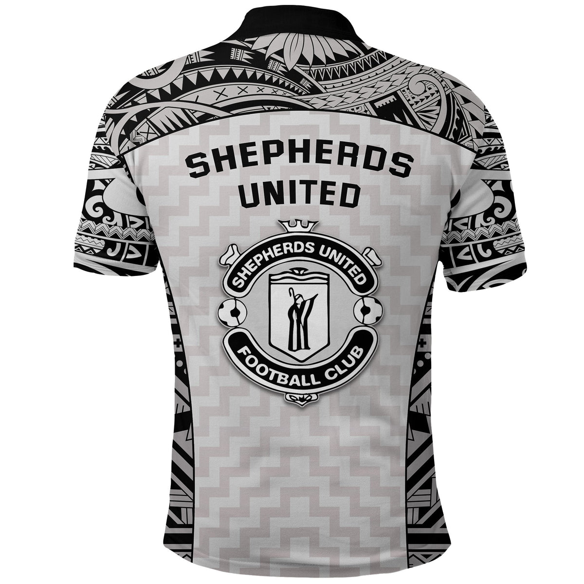 Black-and-light-gray Shepherds United polo, back text and large football club crest