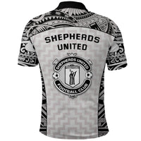 Black-and-light-gray Shepherds United polo, back text and large football club crest