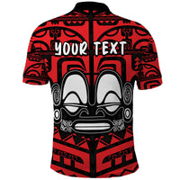 Red and black patterned polo shirt, back with 'YOUR TEXT' graphic and tiki face