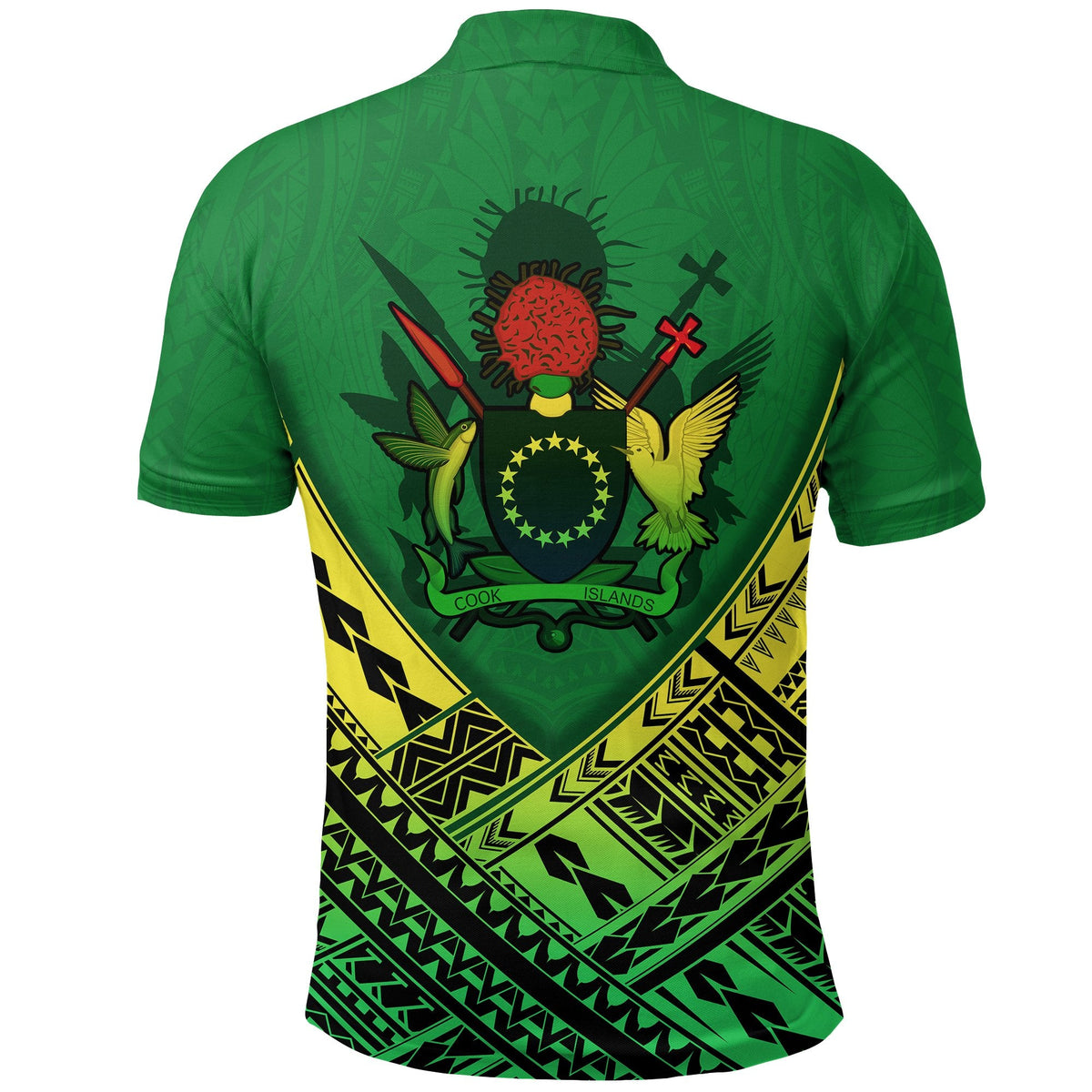 Green rugby polo shirt back design with Polynesian crest, cross, and tribal patterns