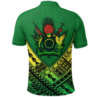 Green rugby polo shirt back design with Polynesian crest, cross, and tribal patterns