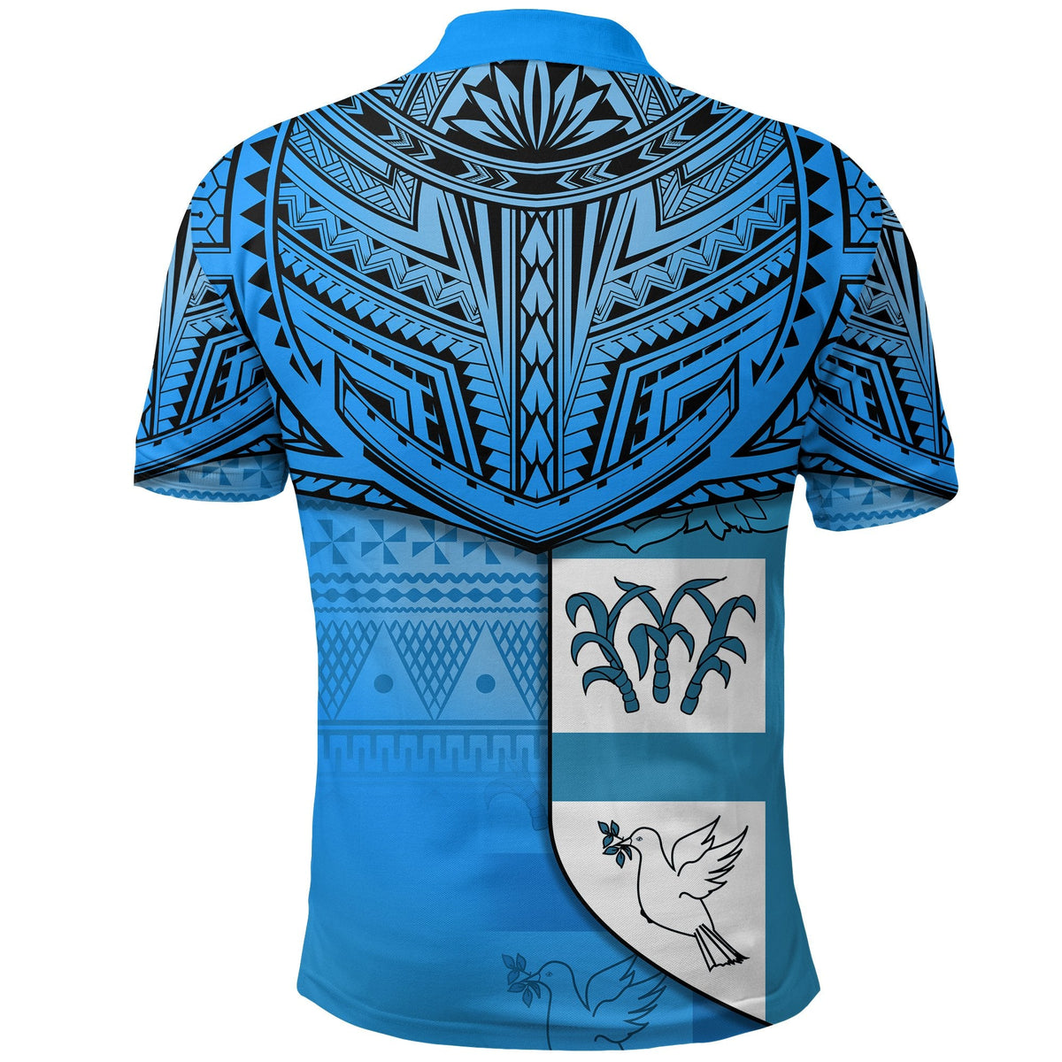 Blue polo shirt back view with Fiji tribal pattern and crest with bird and flowers