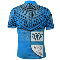 Blue polo shirt back view with Fiji tribal pattern and crest with bird and flowers