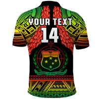 Samoa rugby polo shirt back view with 'YOUR TEXT' and large number 14, green crest
