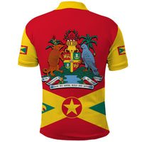 Red and yellow polo shirt with back crest, shield, and animal artwork