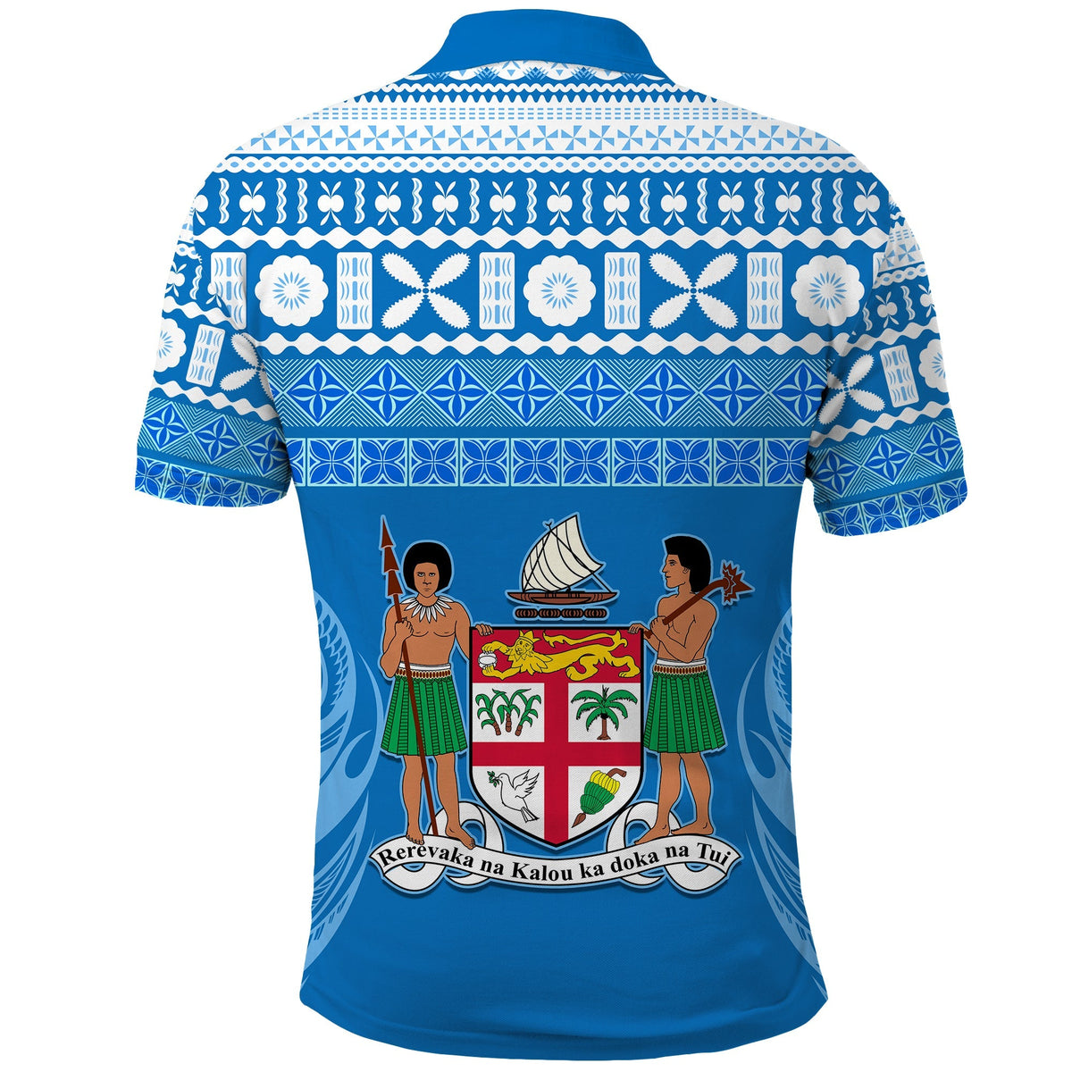 Polo shirt back—blue with white tapa motif and large crest graphic print