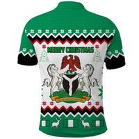 Green polo with white back panel and 'MERRY CHRISTMAS' print, back view