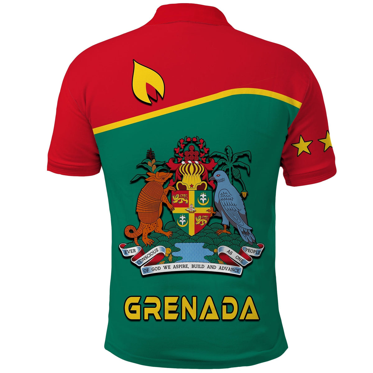 Red and green polo shirt with large back crest and 'GRENADA' text