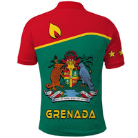Red and green polo shirt with large back crest and 'GRENADA' text