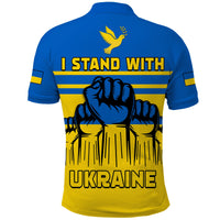 Back view blue polo with yellow graphic, dove and 'UKRAINE' with 'I STAND WITH'