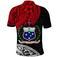 Custom polo shirt, red/black Samoan pattern with crest and cross, back view